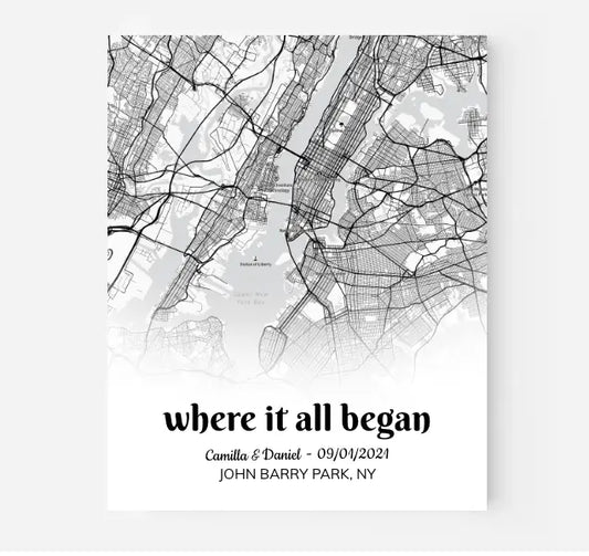 Where it all began, Personalized street map poster, Black and White