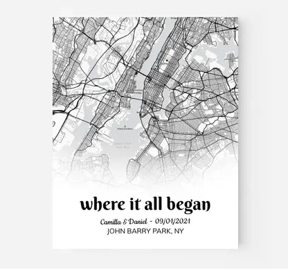 Where it all began, Personalized street map poster, Black and White