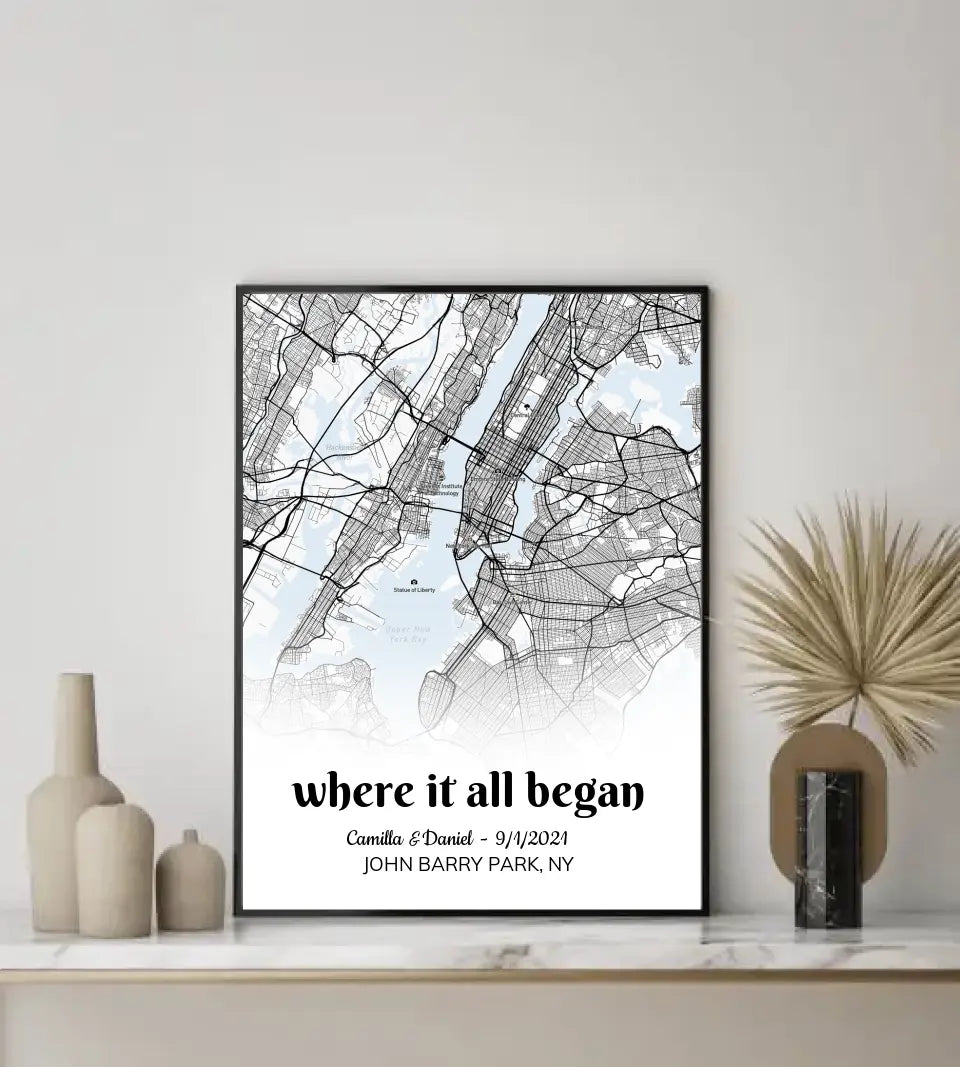 Where it all began, Personalized street map poster, Black and White