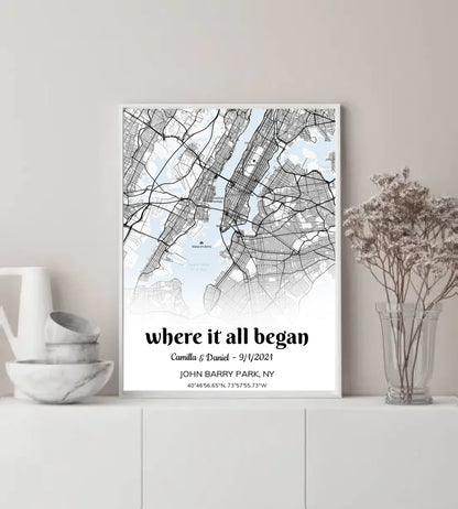 Where it all began, Personalized street map poster, Black and White