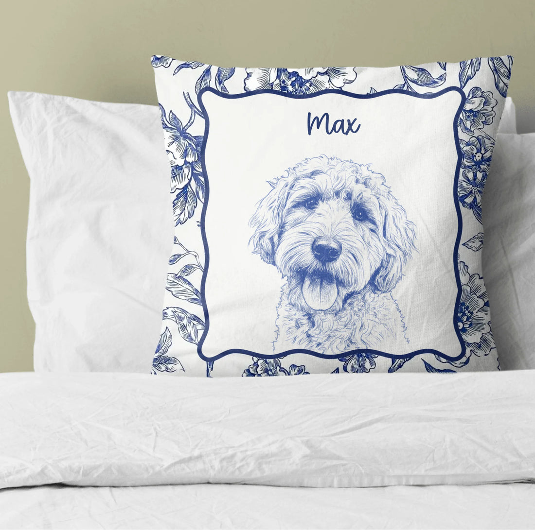 Pencil Sketch Toile De Jouy Dog Pillow - Upload Dog Photo - Gen AI